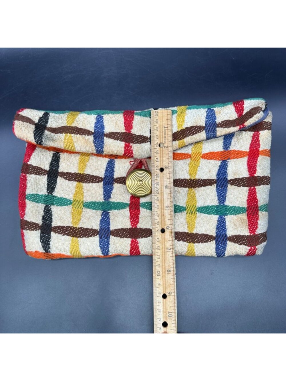 Vintage Clutch Handbag 1940s Woven Rainbow Purse Cosmetics Hosiery Mid Century - Picture 11 of 12